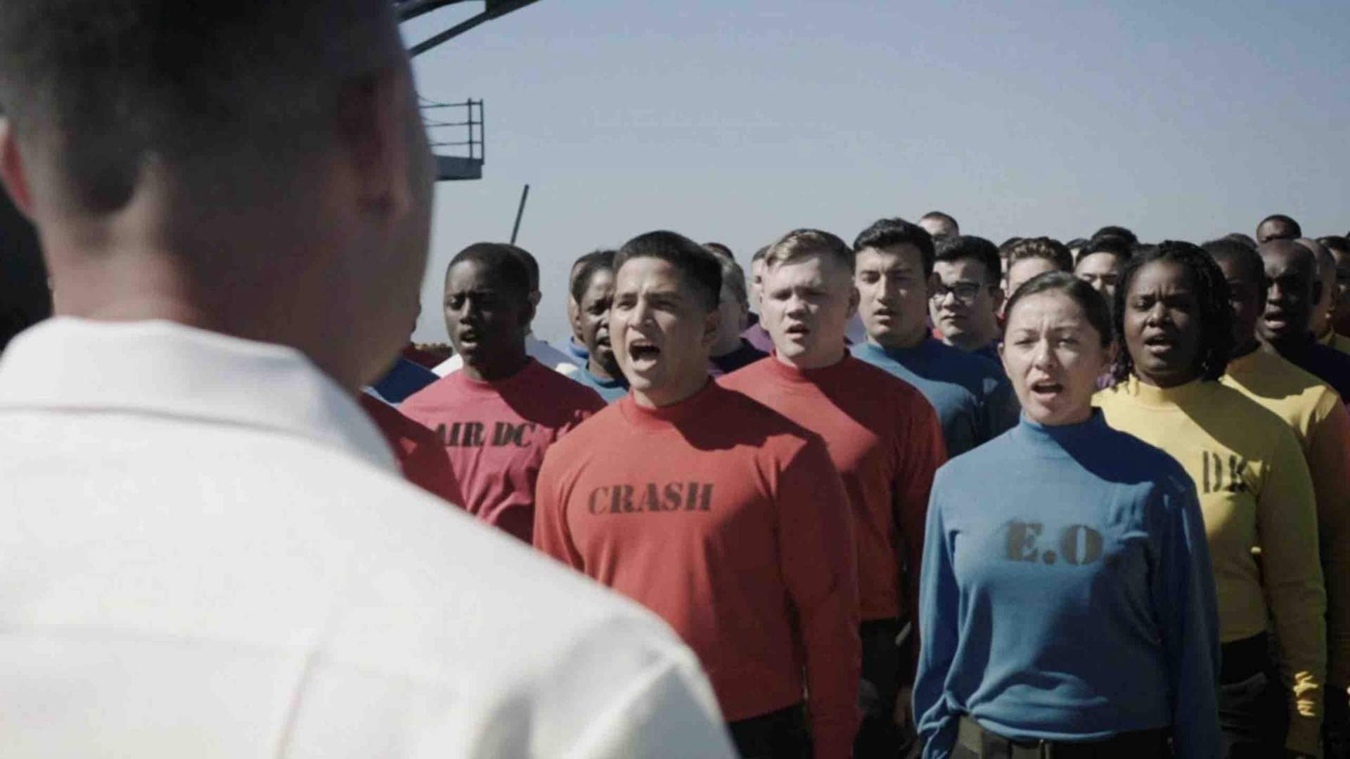 Navy Recruits in a drill exercise on a flight deck